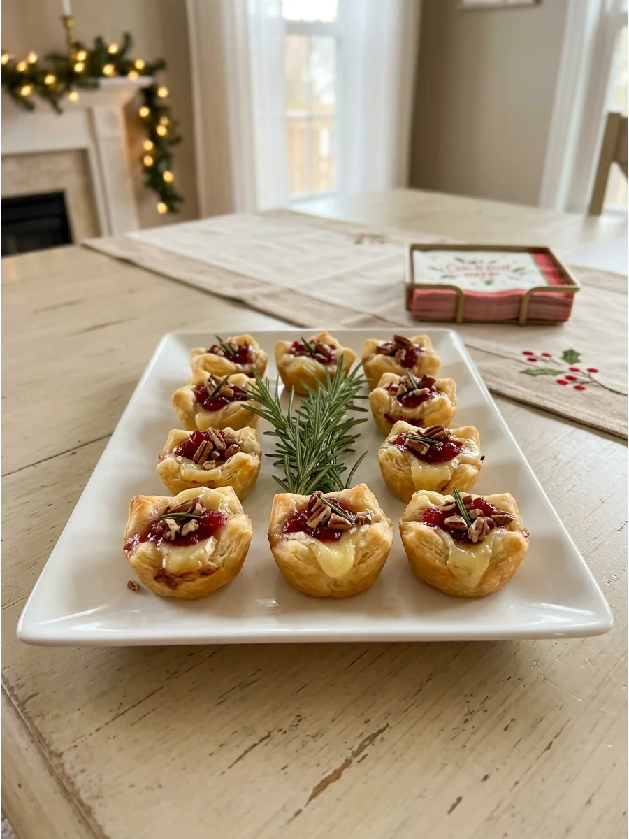 Small puff pastry bites filled with melted brie and topped with red cranberry sauce and rosemary.