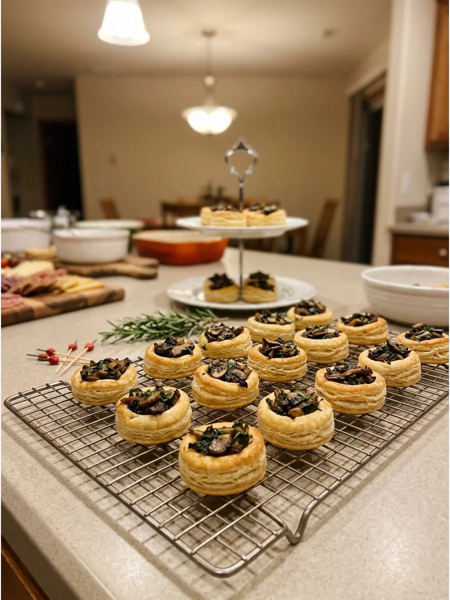 Small pastry shells filled with sautéed mushrooms and herbs on a metal rack.