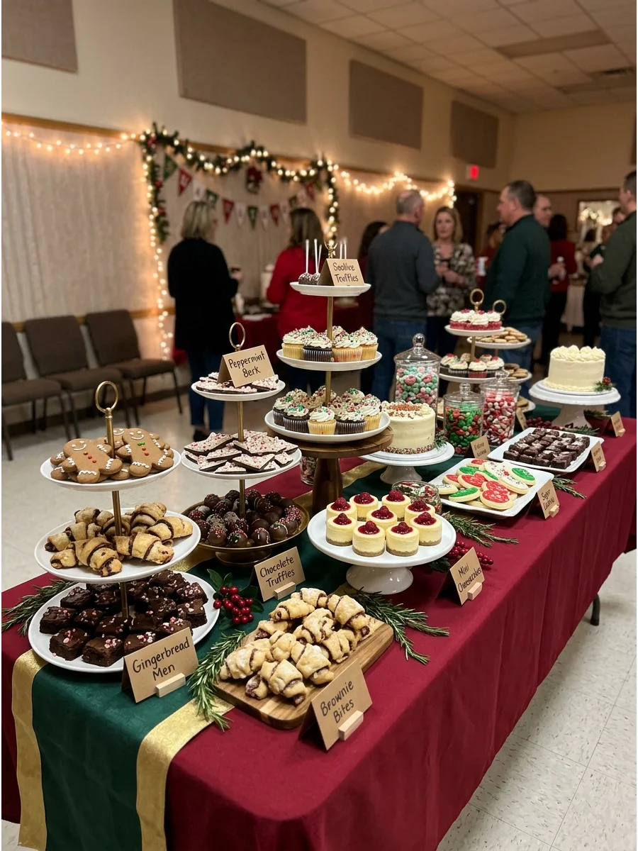 A full dessert table featuring tiered stands of Christmas cookies and treats.
