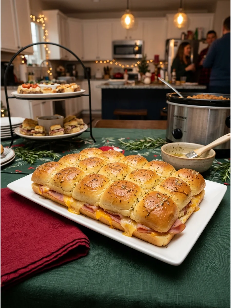 Warm ham and cheese sliders on sweet rolls with poppy seed butter topping.