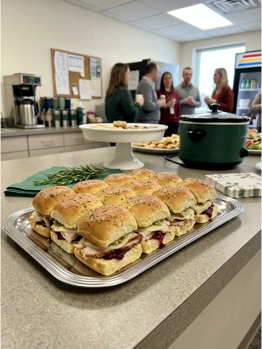 Handheld turkey and cranberry sauce sliders on a festive silver tray.