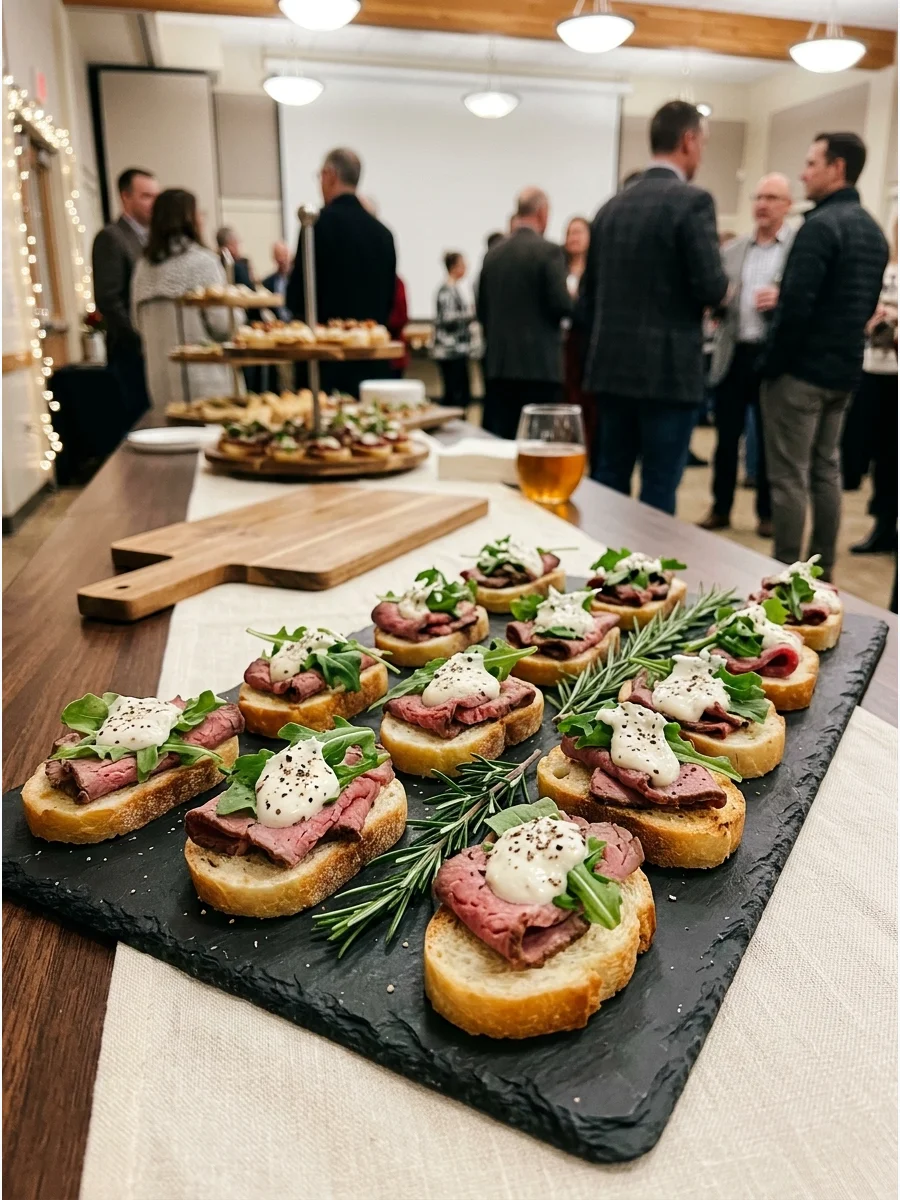 Roast beef crostini with white horseradish cream and green arugula garnish.