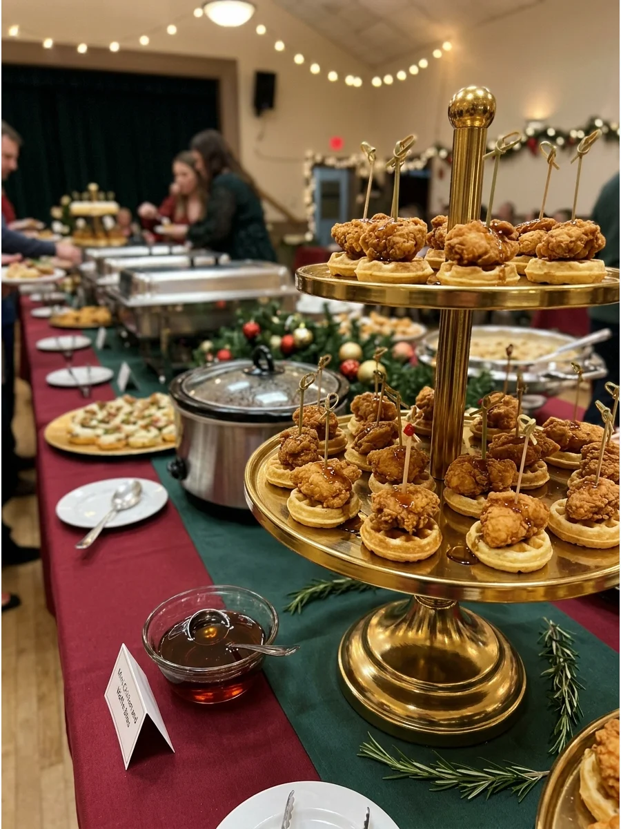 Bite-sized chicken and waffles held together with wooden toothpicks.