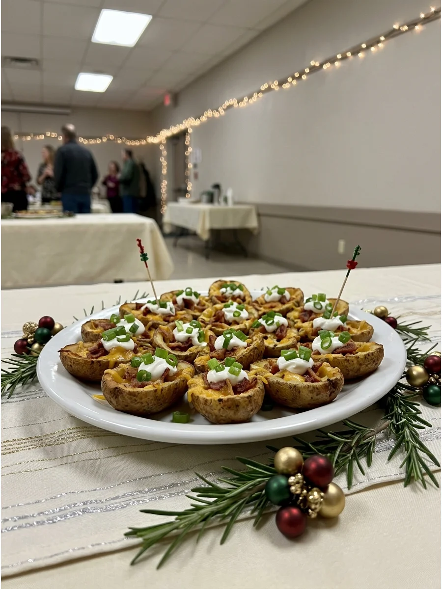 Handheld mini potato skins filled with cheese, bacon, and chives.