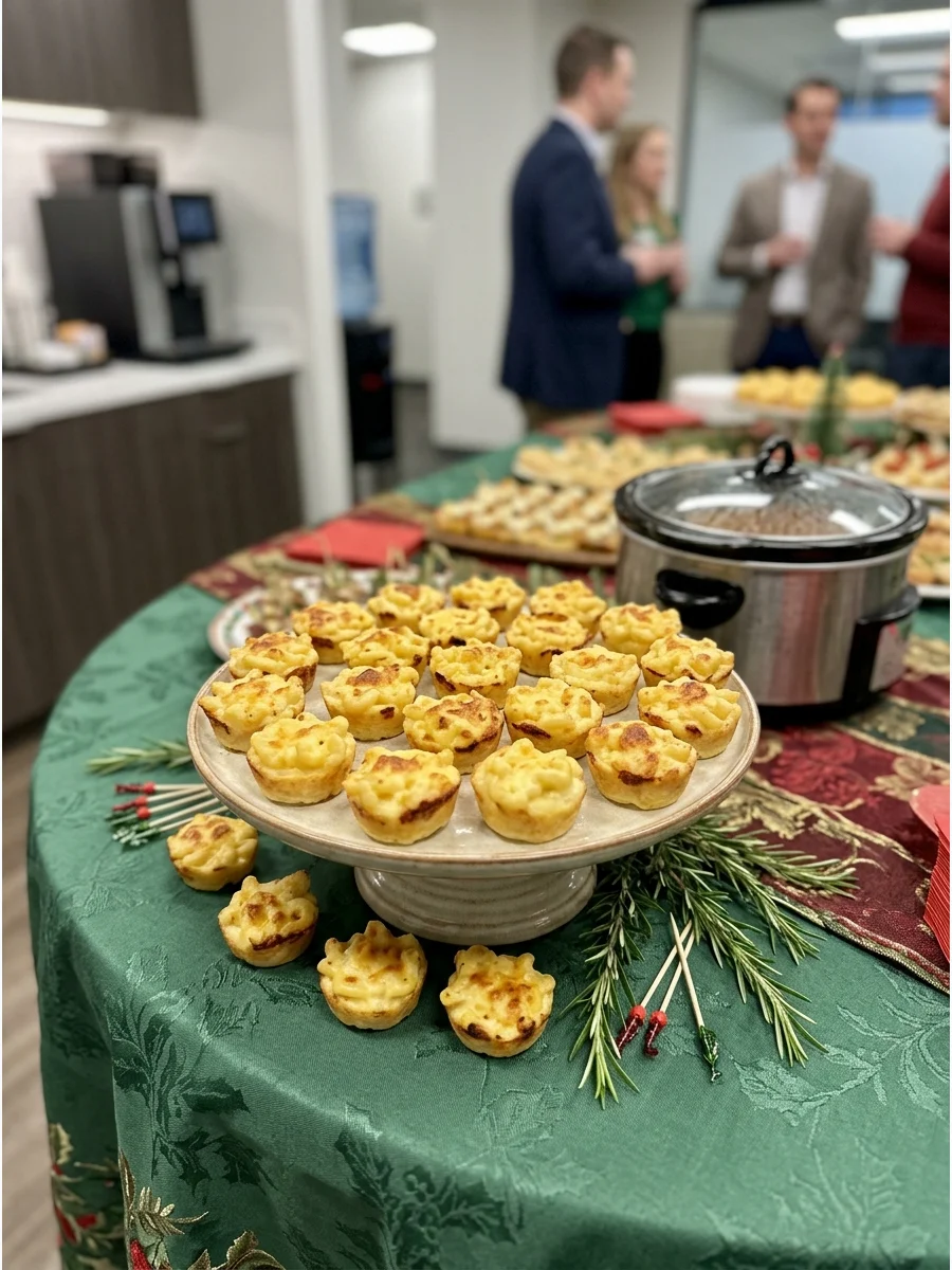 Baked macaroni and cheese bites in a circular shape on a green cloth.