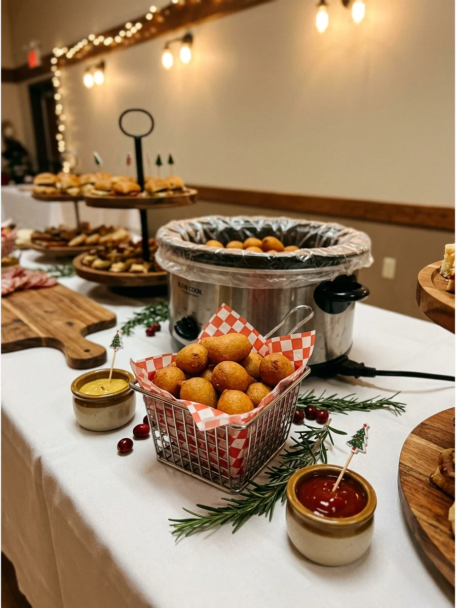 Miniature corn dogs served in a basket with a side of mustard.