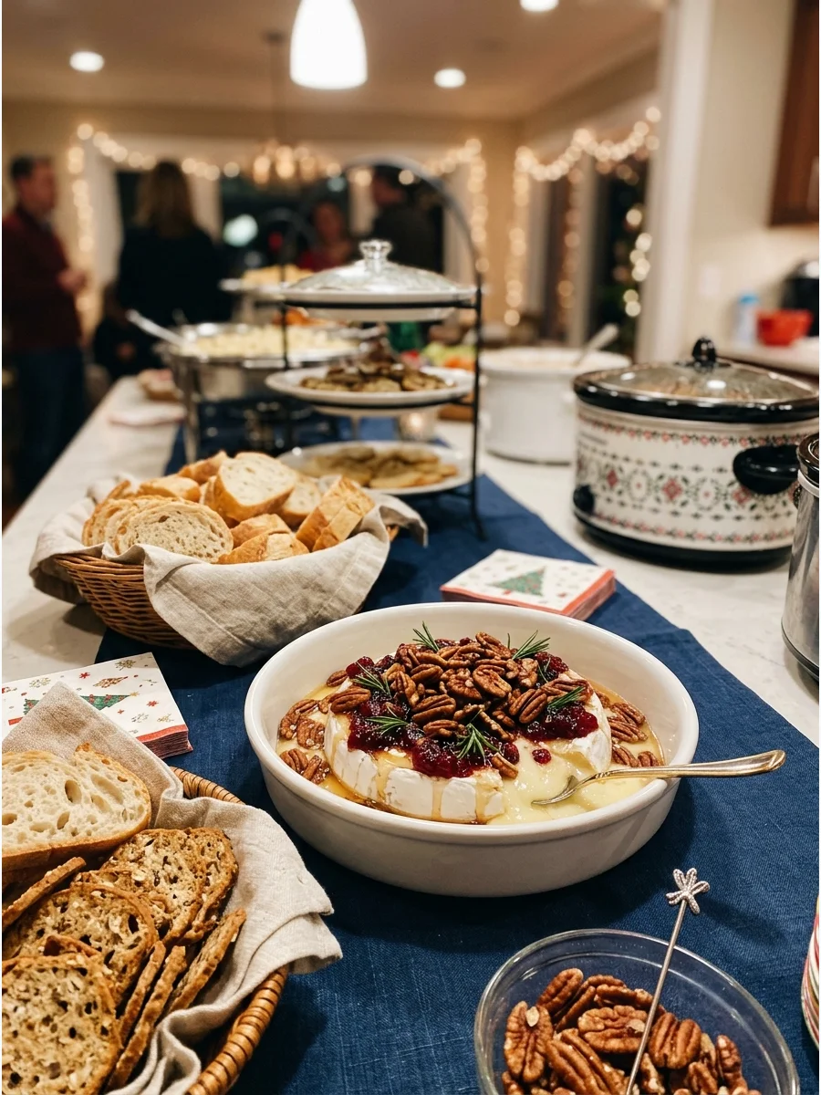 A whole baked brie wheel topped with cranberry sauce and pecans served with sliced bread.