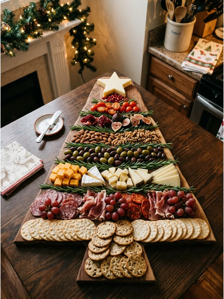A charcuterie board arranged in the shape of a Christmas tree with meat and cheese.