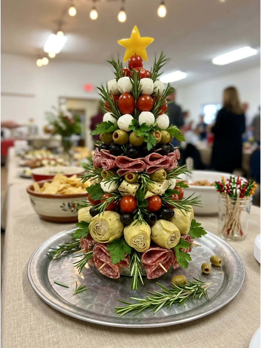 A vertical appetizer tree made of olives, cheese, and tomatoes on skewers.