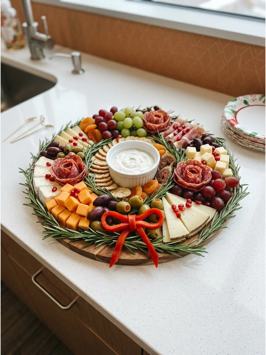 A round meat and cheese board shaped like a holiday wreath.