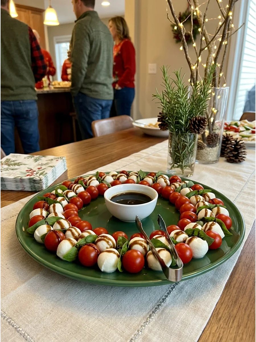 A Caprese salad arranged in a wreath shape with basil and balsamic glaze.