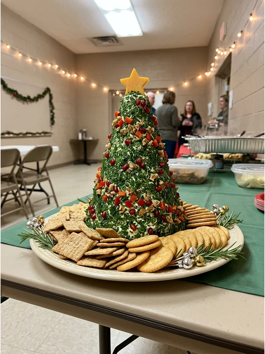 A cone-shaped cheese ball covered in green herbs to look like a tree.