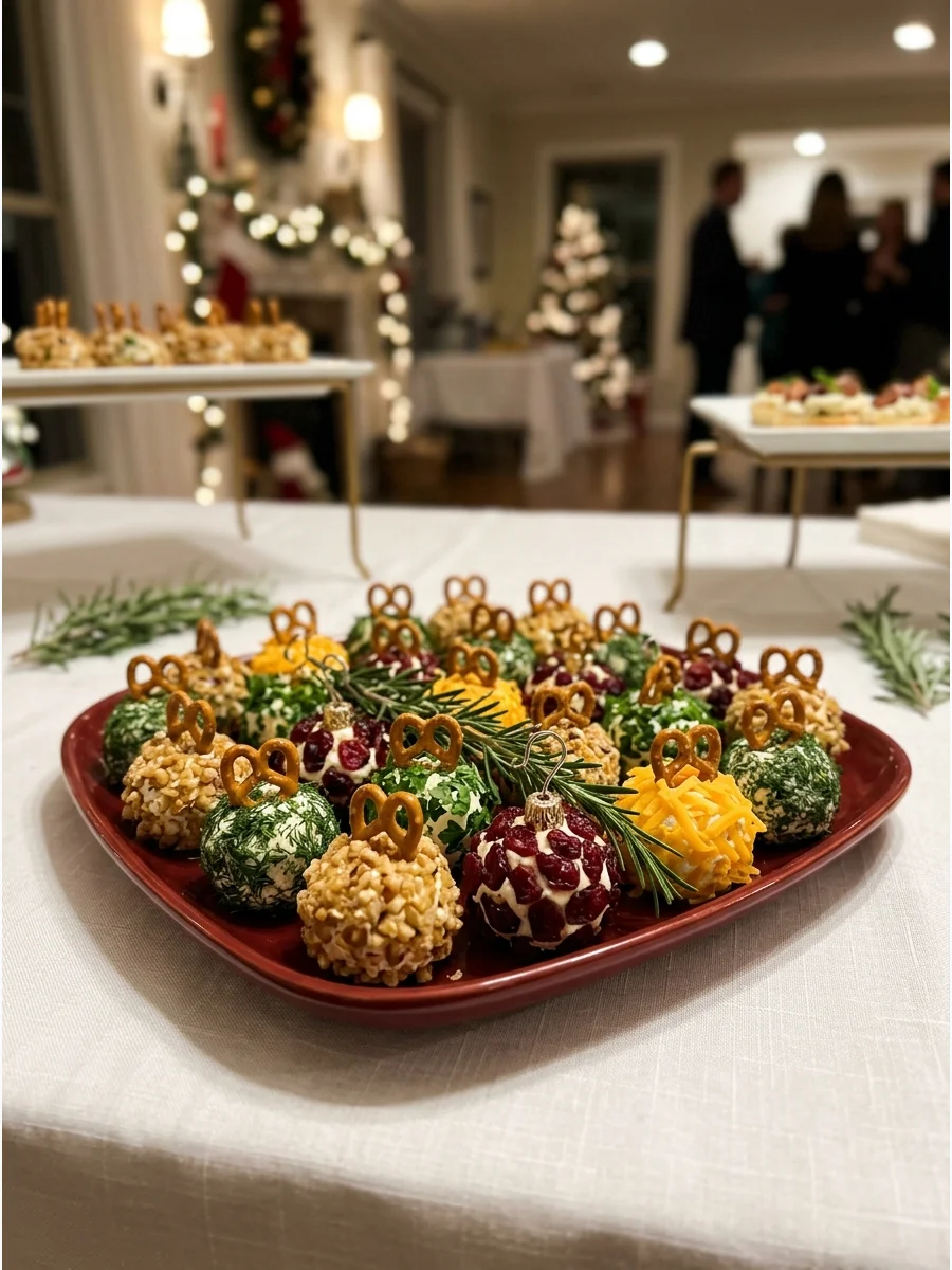 Small individual cheese balls decorated to look like colorful Christmas ornaments.