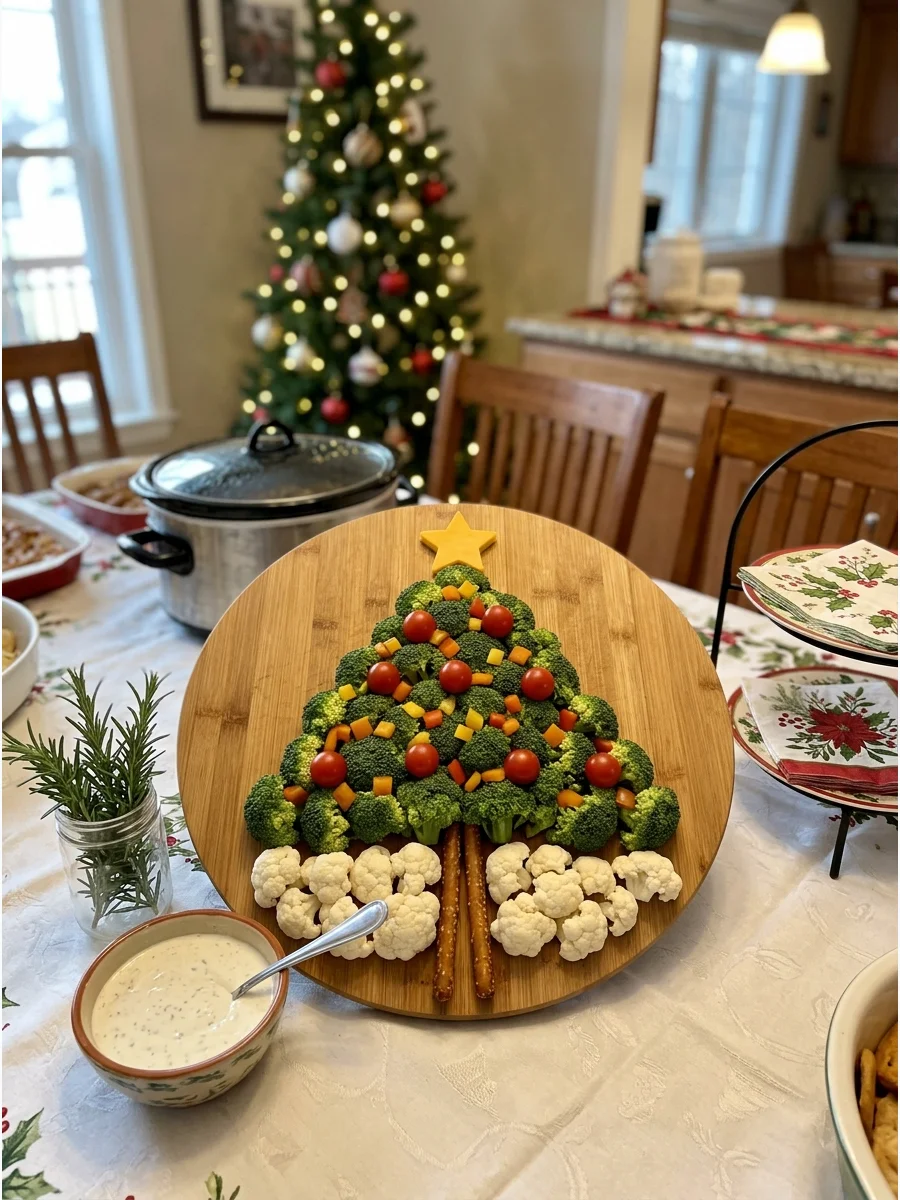 A vegetable tray with broccoli and peppers in the shape of a Christmas tree.