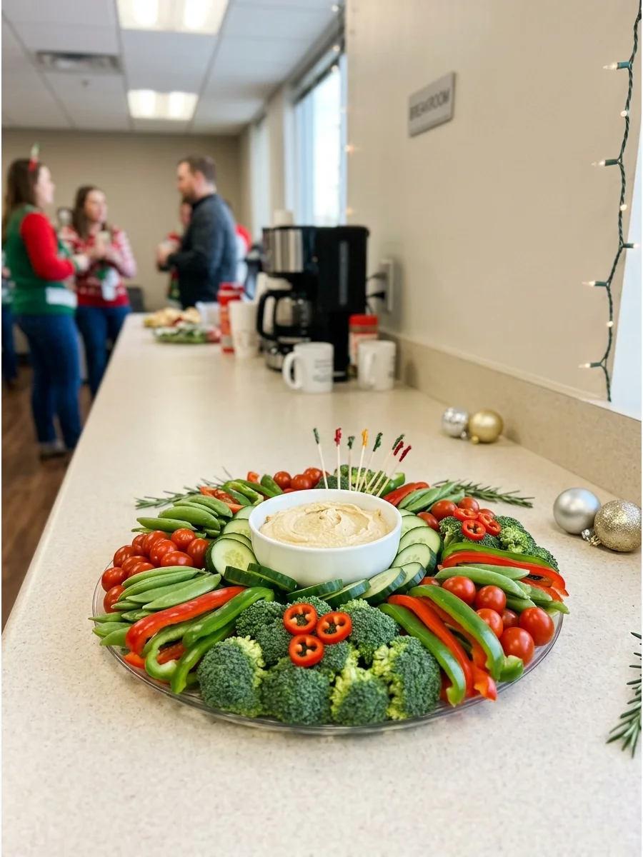 A green vegetable wreath platter with a bowl of dip in the middle.