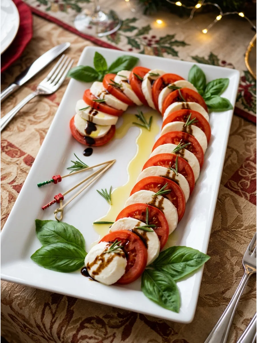 Slices of tomato and mozzarella arranged in a candy cane shape.