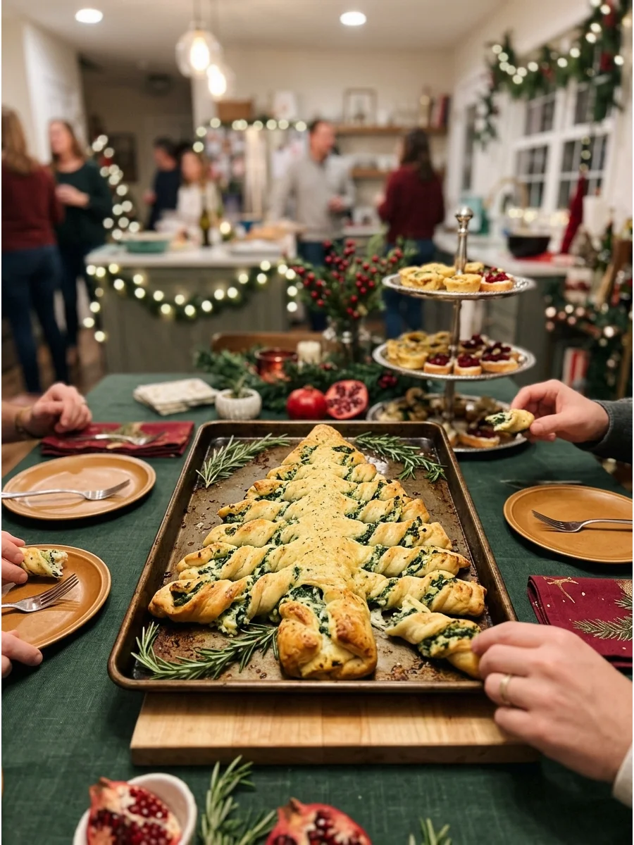 Pull-apart breadsticks shaped like a Christmas tree and filled with green spinach and cheese dip.