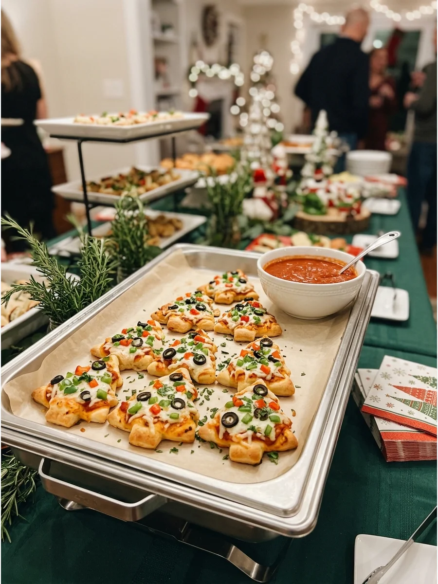 Small pizza rolls stacked in a triangle shape to look like a Christmas tree.