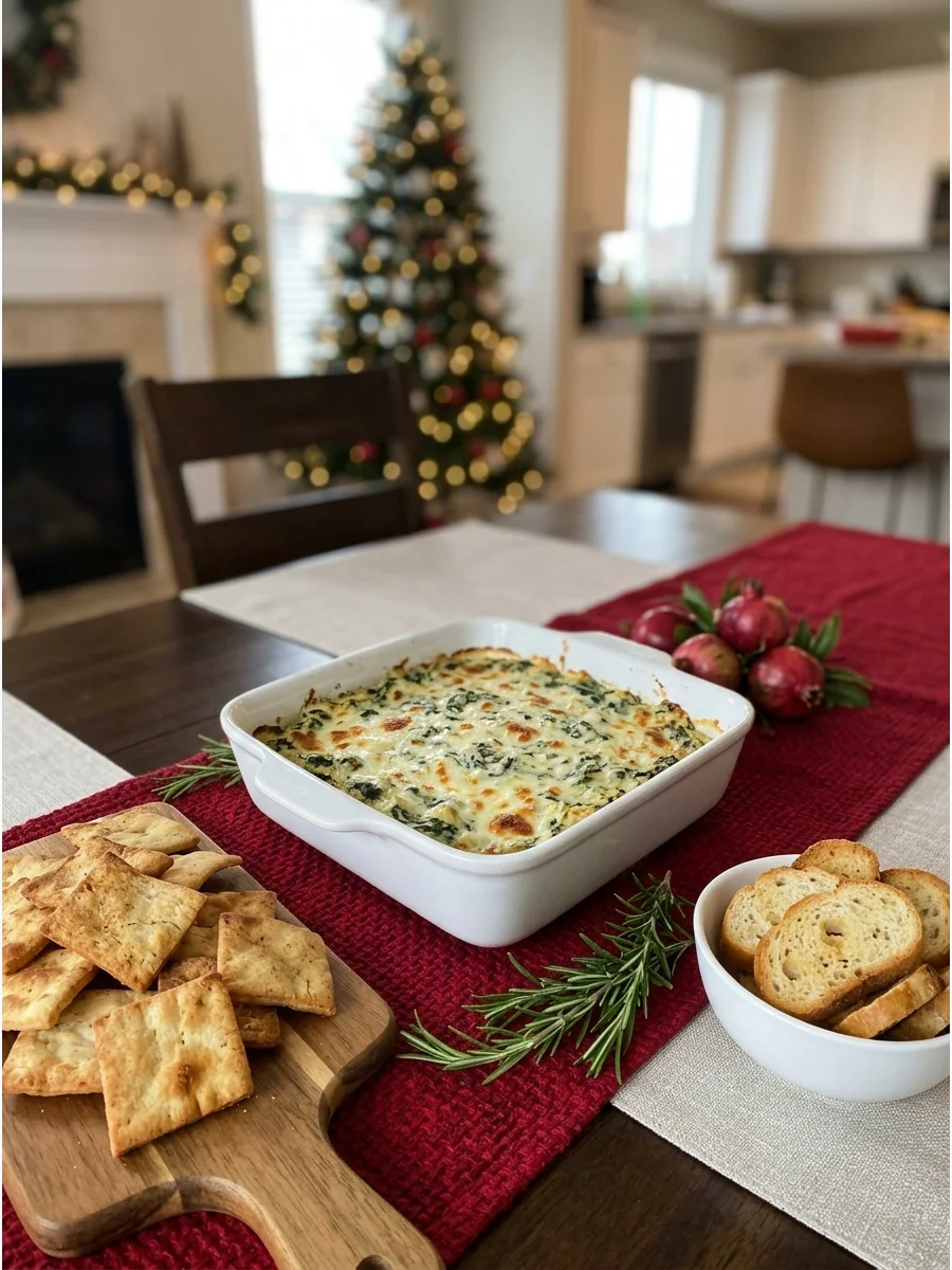 A warm spinach artichoke dip in a white dish with toasted bread on the side.