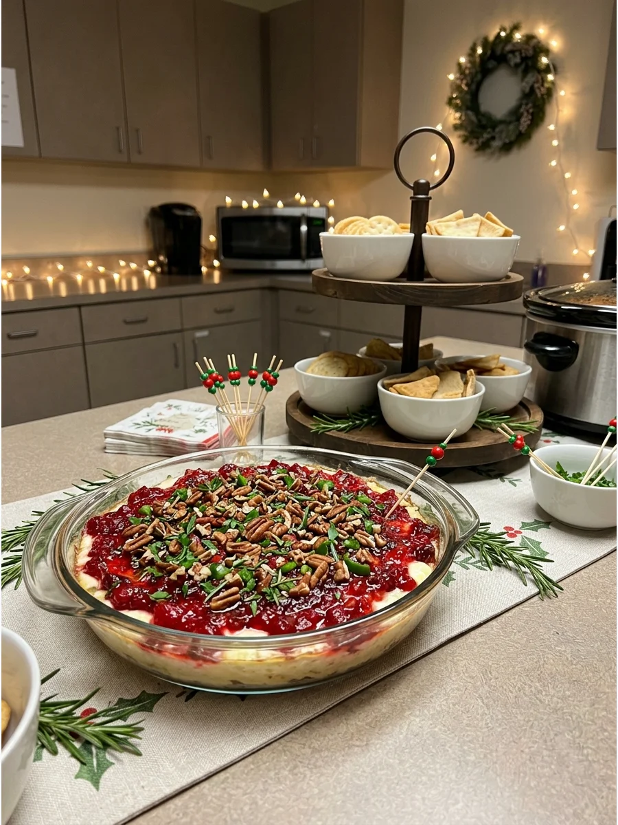 A layered dip with white cream cheese and red cranberry sauce topped with pecans.