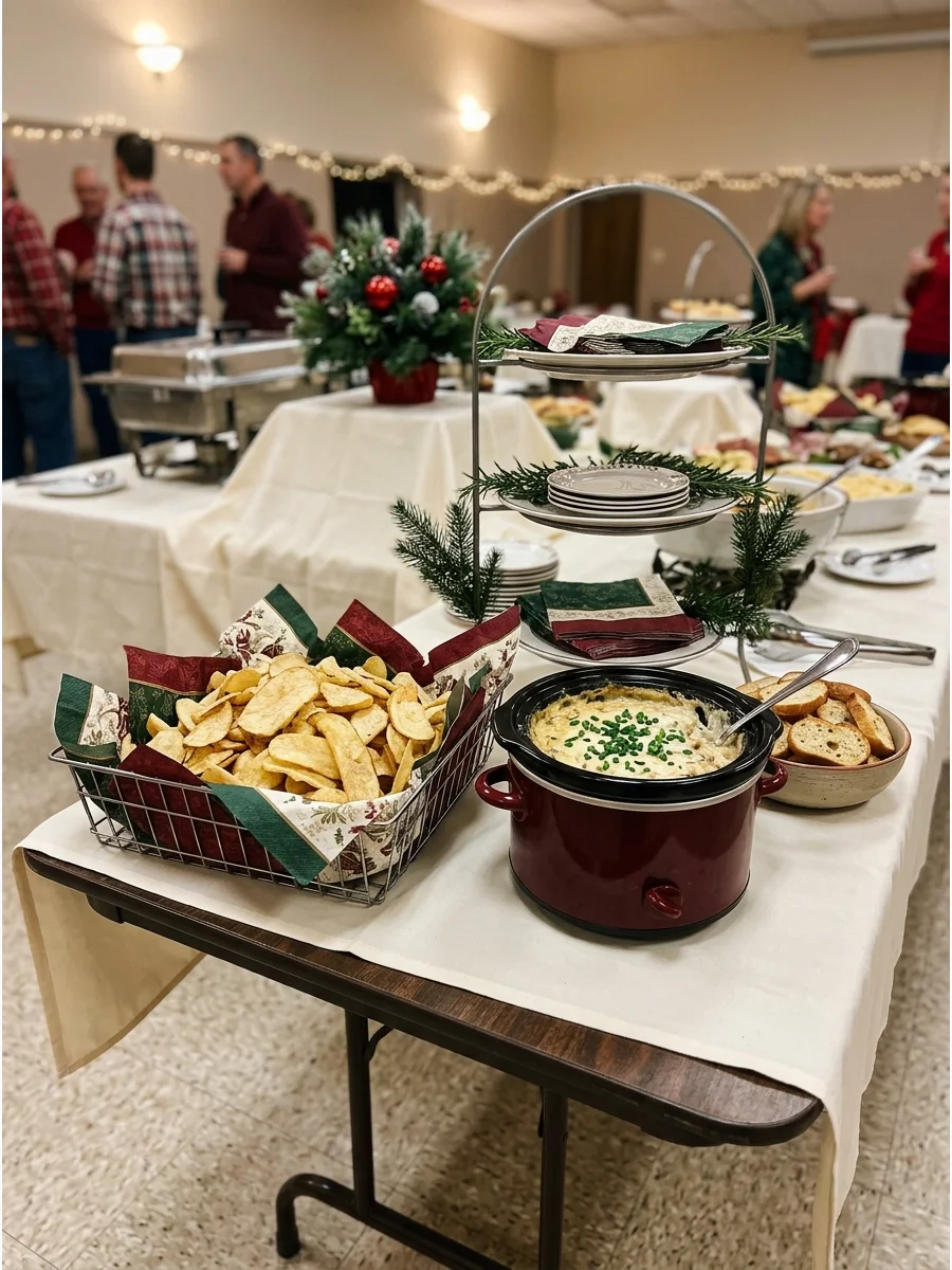 Creamy caramelized onion dip in a small slow cooker with chips nearby.