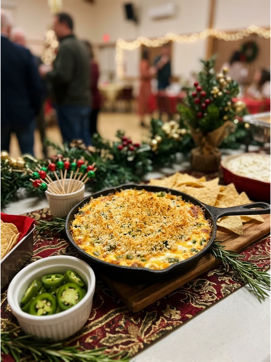 A cast iron skillet containing jalapeño popper dip with a toasted breadcrumb topping.