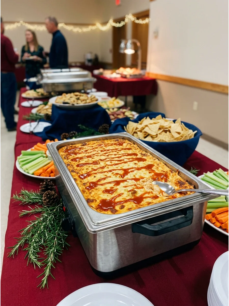 Spicy buffalo chicken dip in a silver warming tray with a side of celery sticks.