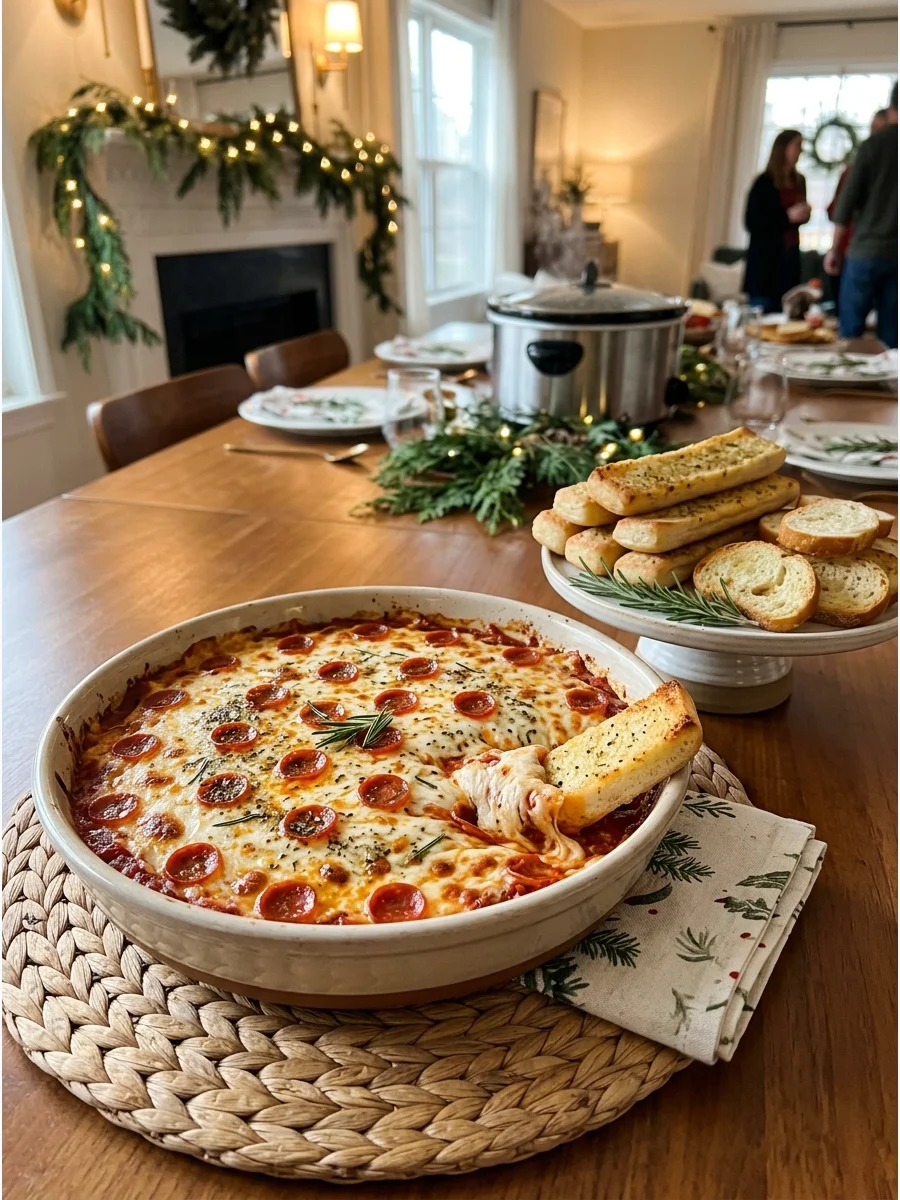 A cheesy pizza dip with pepperoni slices served in a round white dish.
