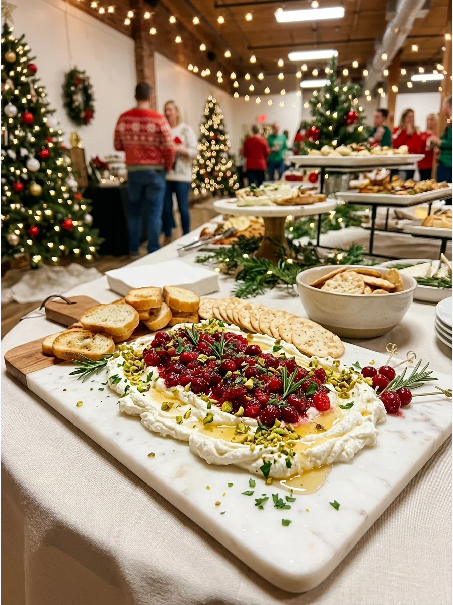 A festive spread of whipped feta cheese topped with red cranberries and green pistachios.