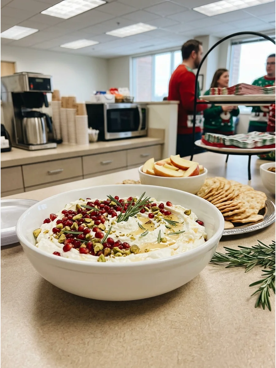 A white bowl of whipped goat cheese decorated with pomegranate seeds and mint.