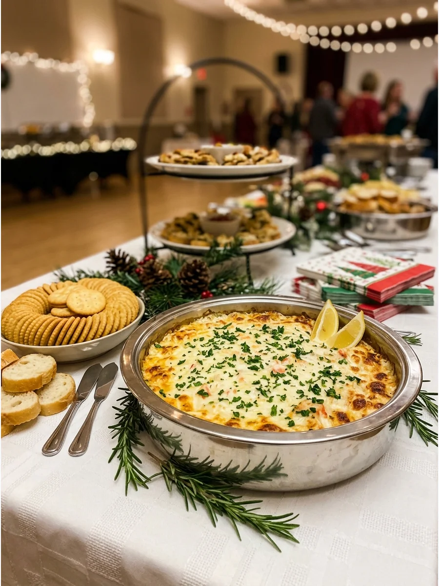 Warm crab dip in a silver dish garnished with parsley and lemon.
