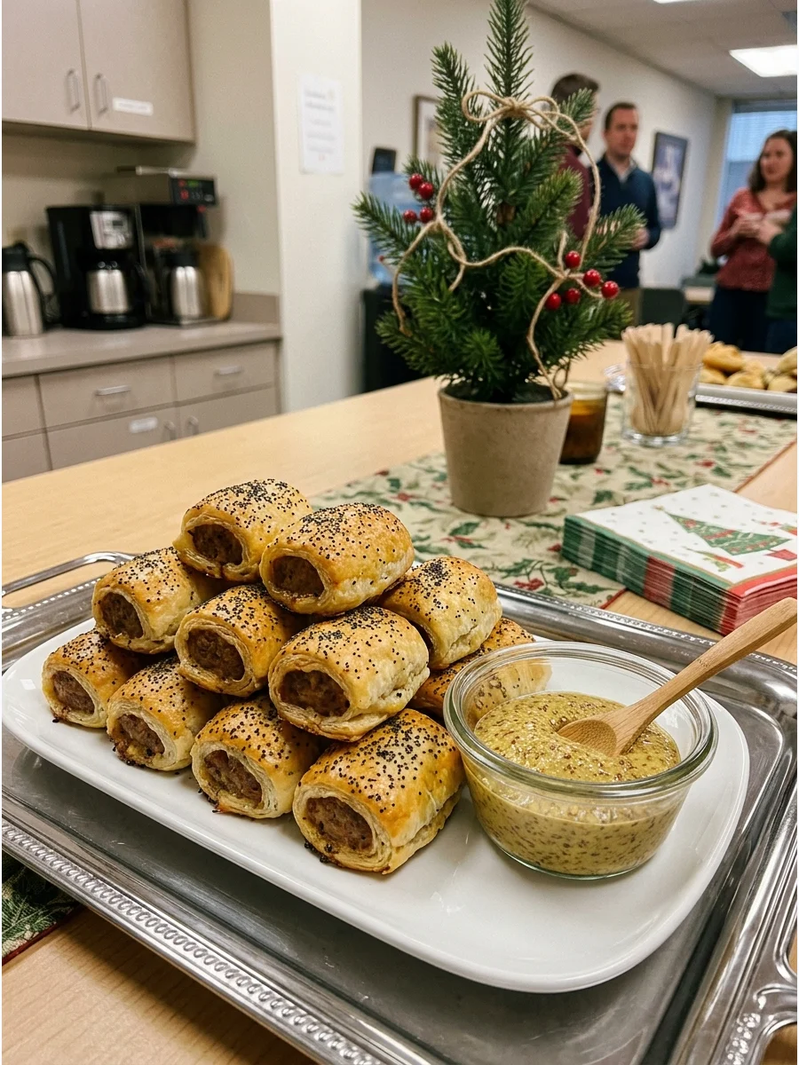 Bite-sized sausage rolls in golden puff pastry arranged on a serving tray with dipping sauce.