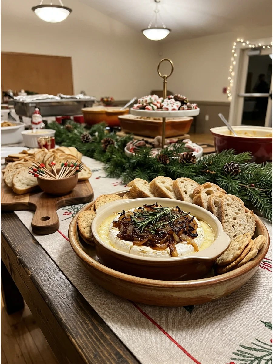 A wheel of baked brie cheese covered in sweet caramelized onions.