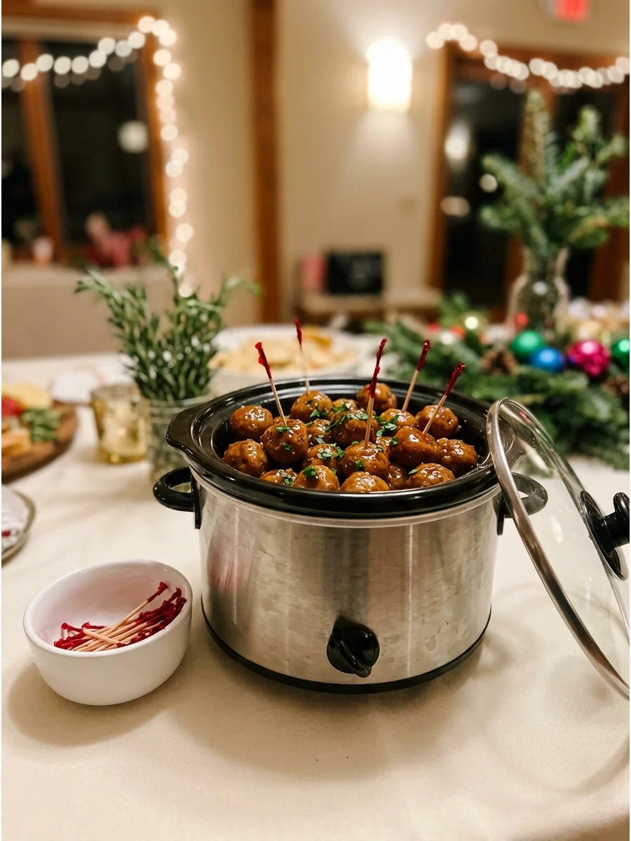 A slow cooker filled with meatballs in a dark honey garlic glaze with wooden toothpicks.
