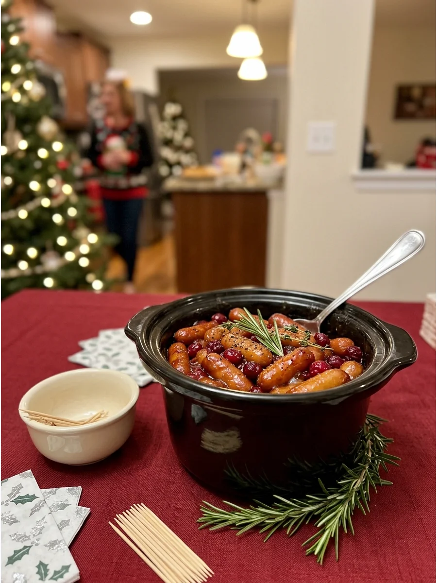 Glazed cocktail sausages in a slow cooker on a festive red tablecloth.