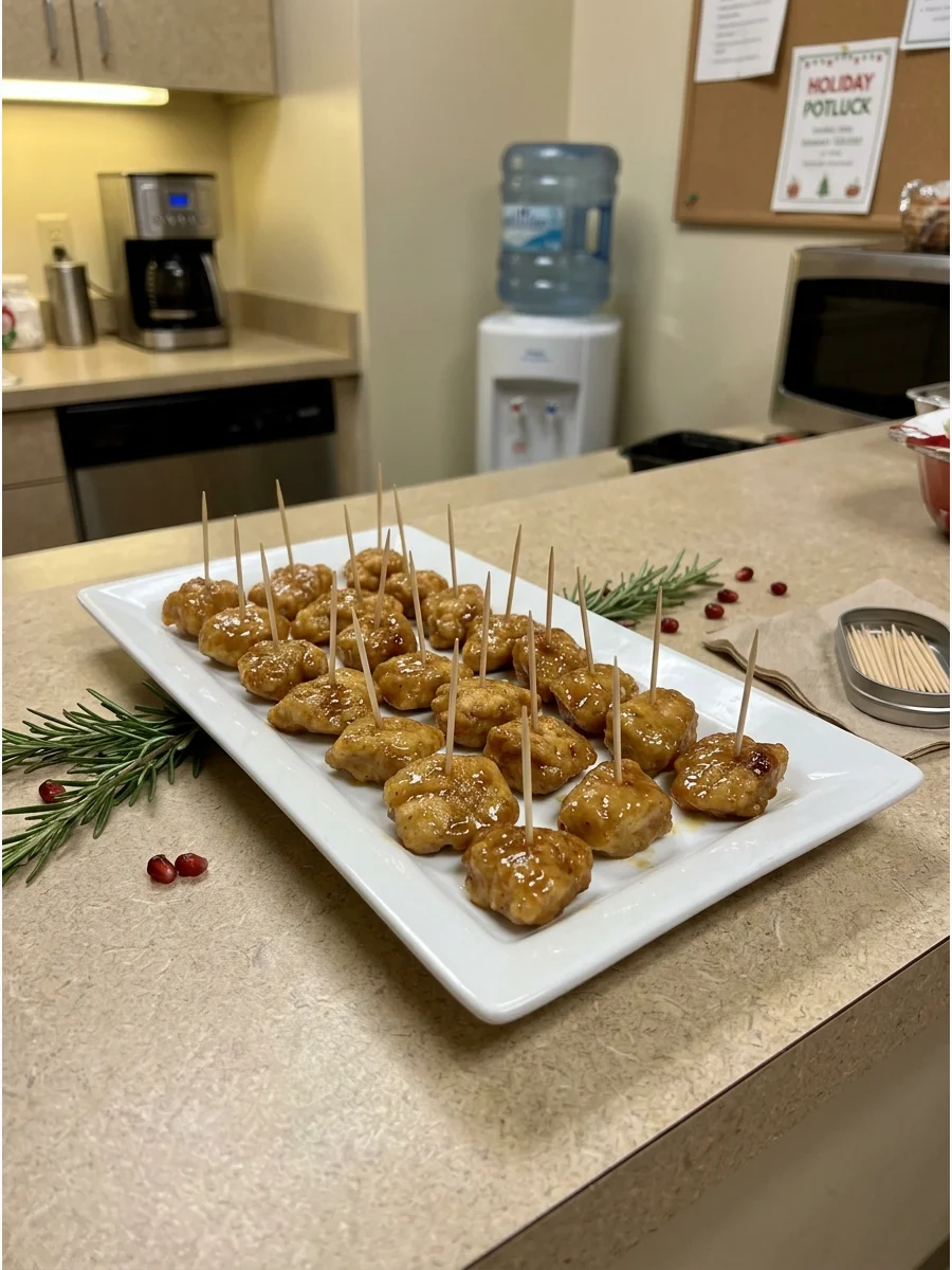 Breaded chicken bites with honey mustard glaze on a white serving platter.