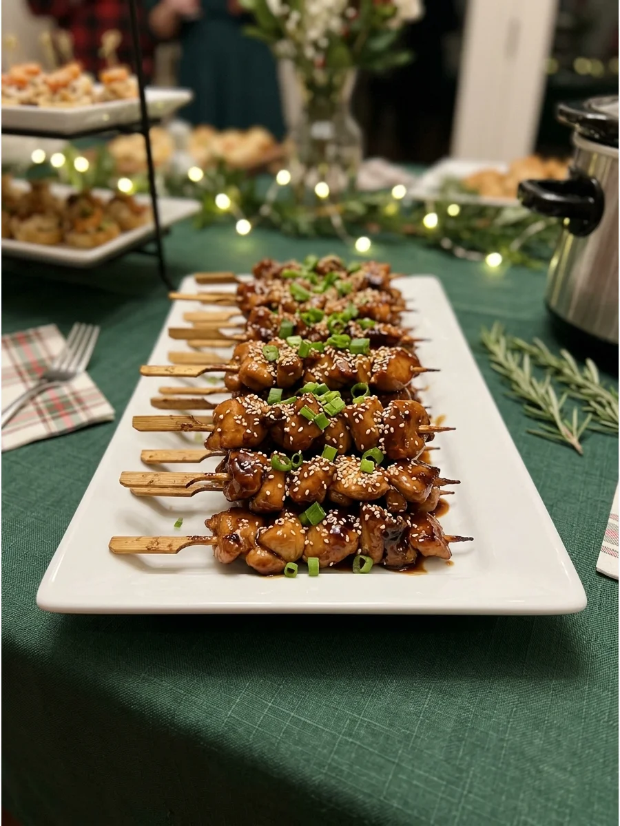 Teriyaki chicken skewers arranged on a white platter with green onion garnish.