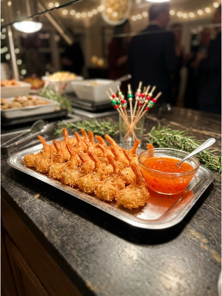 Golden brown coconut shrimp on a silver tray with a side of chili sauce.