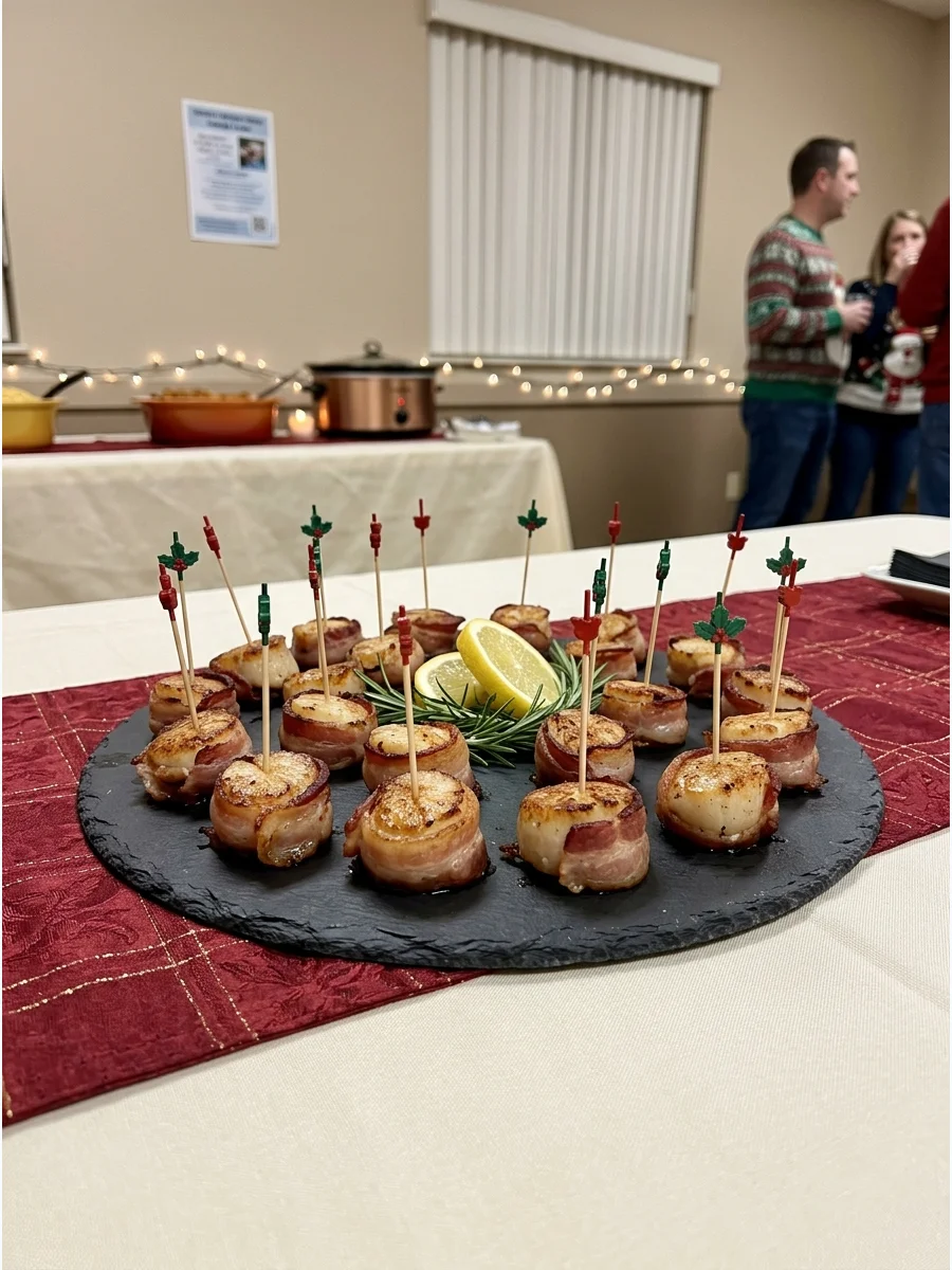 Bacon-wrapped scallops on a slate board with lemon wedges.