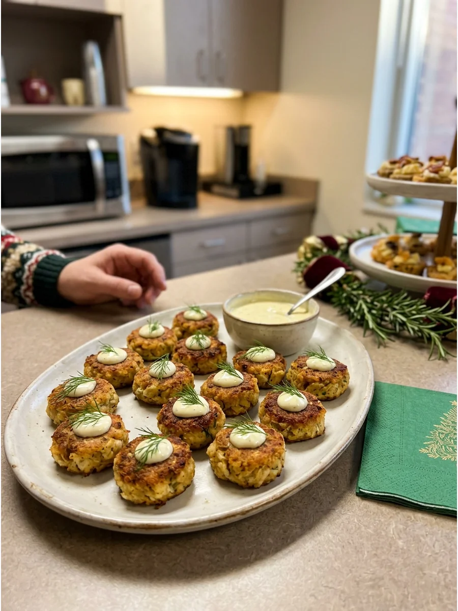 Bite-sized crab cakes with aioli and dill on a ceramic serving plate.