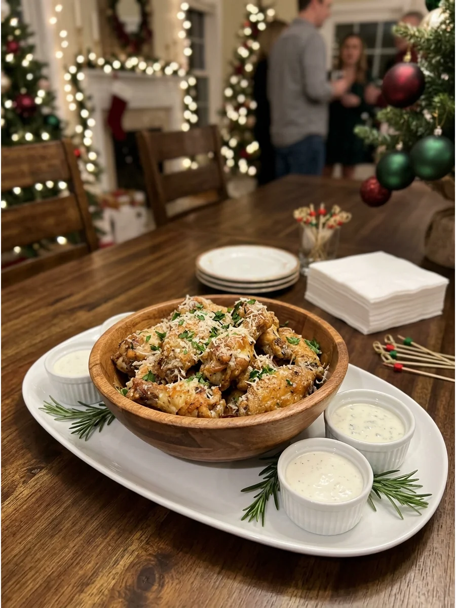 Crispy garlic parmesan chicken wings in a wooden serving bowl.