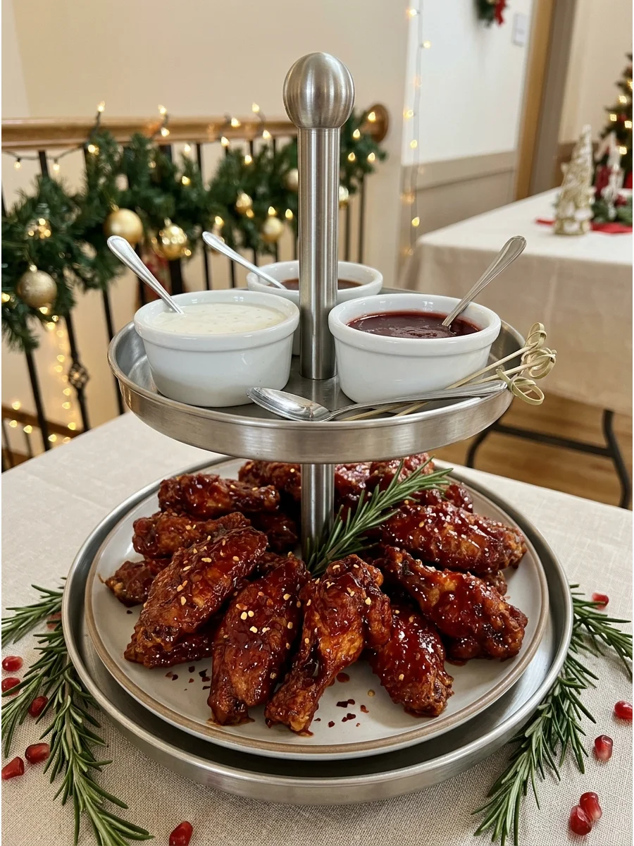 Red glazed chicken wings on a tiered stand with dipping sauce.