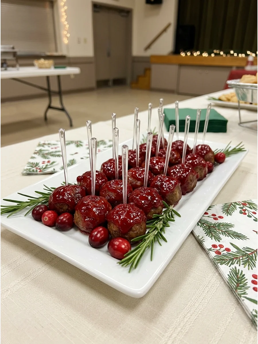Meatballs covered in a bright red cranberry glaze served on a white rectangular platter.