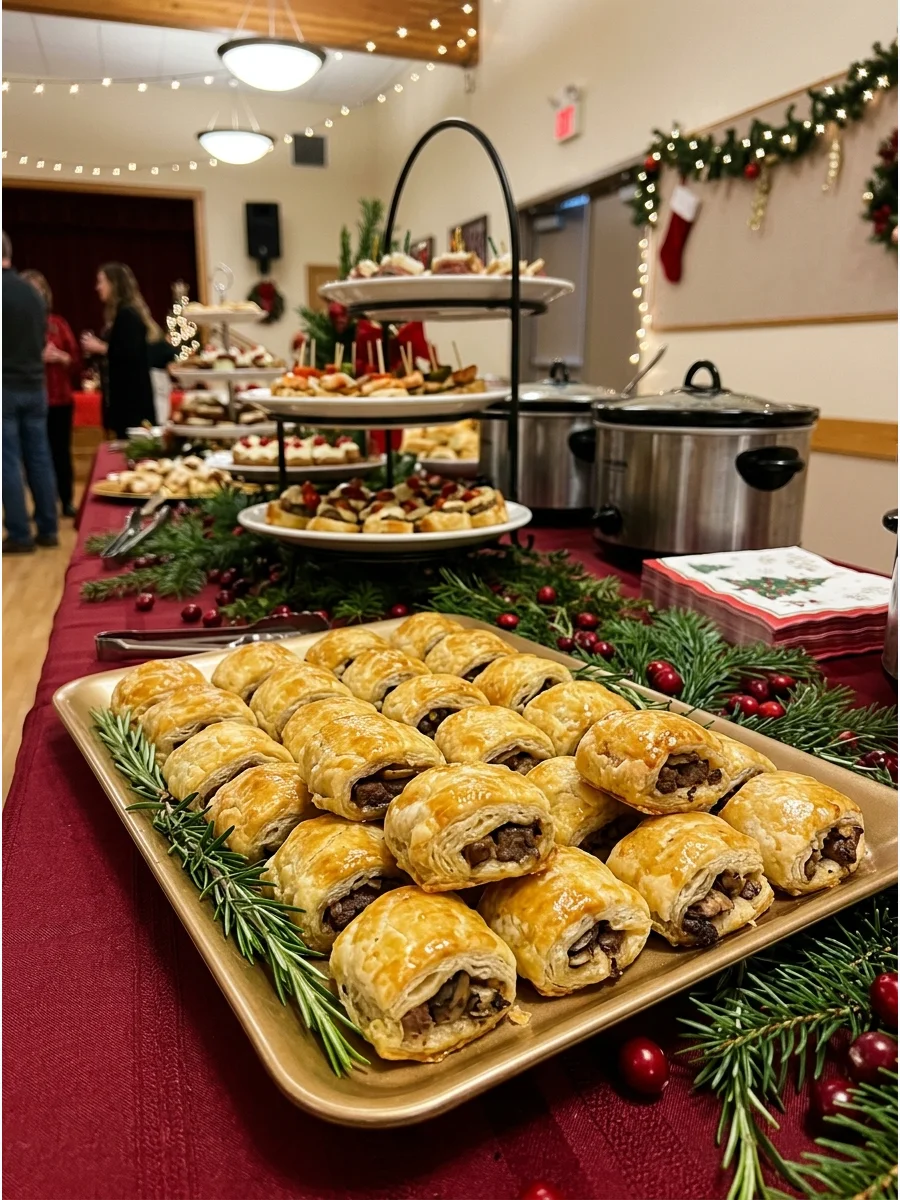 Small puff pastry beef wellington bites on a tray with evergreen decor.