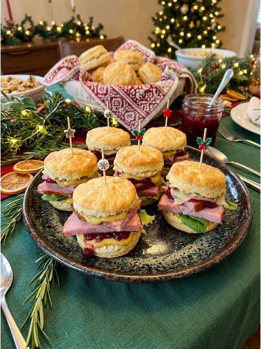 Ham and biscuit sliders arranged on a rustic wooden serving board.