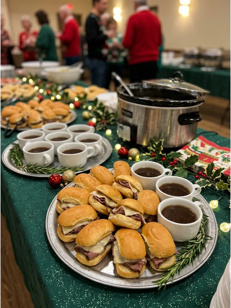 Mini roast beef sandwiches served with individual portions of warm au jus.