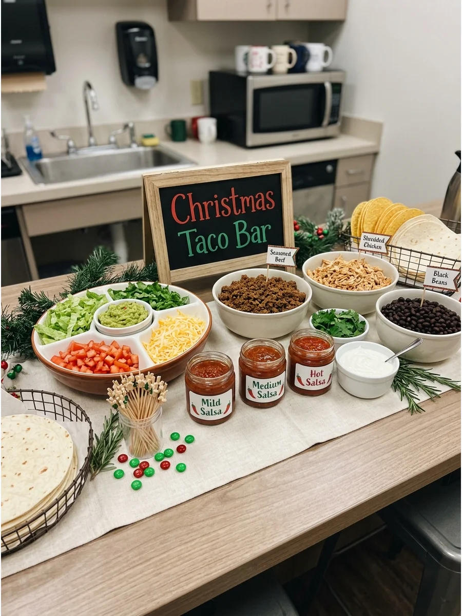A festive taco bar with various toppings in red and green bowls.