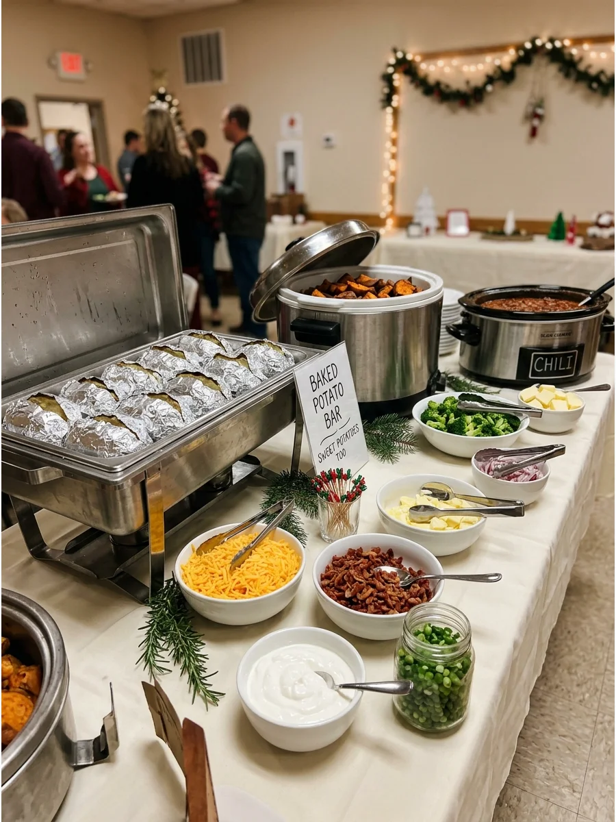 A self-serve baked potato station with various toppings in small glass bowls.