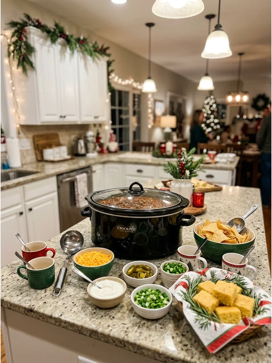 A chili bar setup with a slow cooker and various garnishes on a kitchen counter.