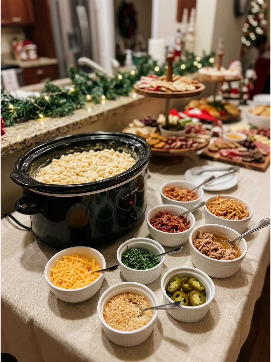 A macaroni and cheese station with bacon, onions, and broccoli toppings.